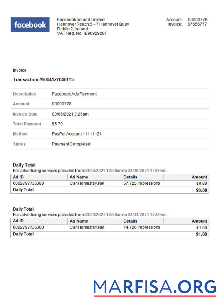 Downloadable USA Facebook invoice download for verification
